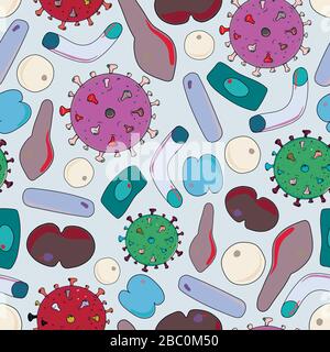 Bakterienvirus und Keime Mikroorganismenzellen grüne Invertierung nahtlose Mustervektorabbildung Stock Vektor