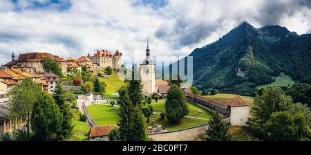 Mittelalterstadt Gruyeres, Fribourg, Schweiz Stockfoto