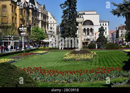Rumänien, Timis, Timisoara, Blick durch die Gärten zum Opernhaus, Piata Victoriei, Altstadt. Stockfoto