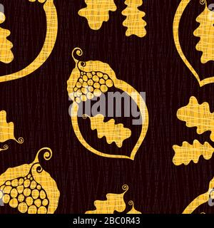 Acorn und Eiche Blätter nahtloser Vektor-Muster Hintergrund. Modernes, handgezeichnetes Natursymbol auf strukturierter goldschwarzer Kulisse. Luxus im Überdruck Stock Vektor