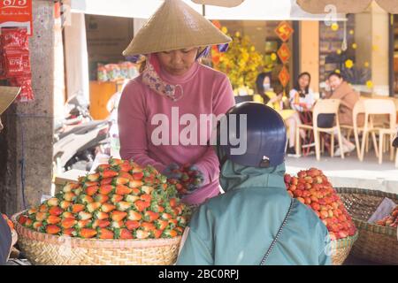 Dalat Market - Anbieter von Frauen, die Erdbeeren auf dem Hauptmarkt in Dalat, Vietnam, Südost-Asien verkaufen. Stockfoto