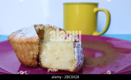 Seitenansicht eines mit Puderzucker bestreuten Hüttenkäses auf einem rosafarbenen Teller neben einer gelben Tasse Kaffee oder Tee. Dessert, ein kleiner Cupcake. Weiß Stockfoto