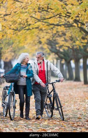 Lächelndes Senioren-Paar, das im Herbstpark Fahrräder zwischen Bäumen und Blättern spazieren geht Stockfoto