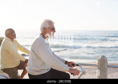 Aktive Senioren-MEN-Radtour mit Blick auf das Meer Stockfoto