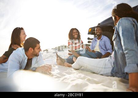 Junge Freunde hängen am Strand aus Stockfoto