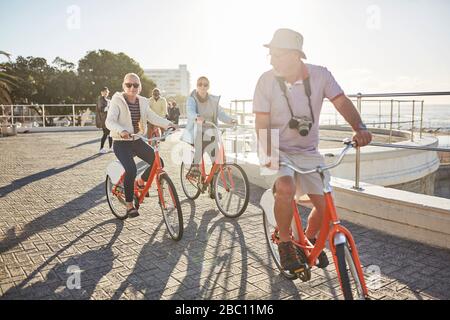 Aktive Senioren-Tourist-Freunde Fahrradfahren auf sonniger Strandpromenade Stockfoto