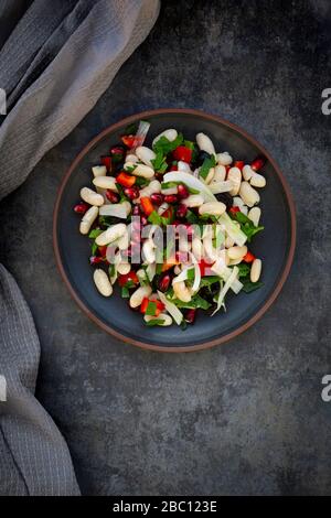 Teller mit Cannellini-Bohnensalat mit Fenchel, Paprika, schwarzen Oliven, Granatapfelkernen, Minze und Petersilie Stockfoto