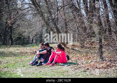 Familie mit Kindern, die im Park sitzen, im Freien, im natürlichen Hintergrund, auf dem grünen Gras entspannen Stockfoto