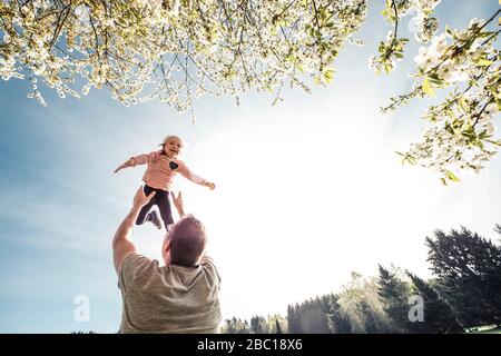 Vater wirft kleine Tochter in die Luft Stockfoto