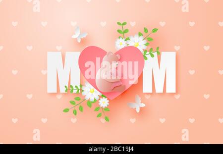 Fröhliches Muttertagsplaster oder Banner mit dem Bären umarmt das Kaninchen in papiergeschnittener Form. Digitale Handwerkspapierkunst Stock Vektor