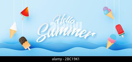 Sommerbanner oder Poster mit Meereswelle und hängendem Eis in Papierform. Digitale Handwerkspapierkunst Stock Vektor