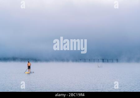 Mann steht auf Paddelsurfen auf einem See im Nebel Stockfoto