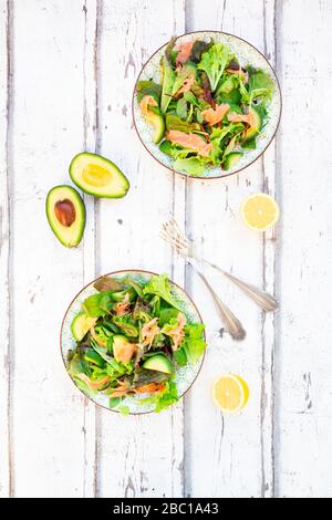 Zwei Teller mit verzehrfertigen grünen Salaten mit Rucola, Lollo Rosso-Salat, Babyspinat, Rote Bete Blätter, Avocado, Maissalat und Lachs Stockfoto