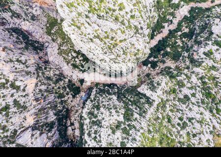 Schlucht Torrent de Pareis, s'Entreforc, Serra de Tramuntana, Drohnenaufnahme, Mallorca, Balearen, Spanien Stockfoto