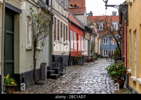 Hübsche, bunte Cottages in Aalborg, Dänemark, an einem nassen Wintertag. Stockfoto