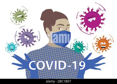 Coronavirus Kovid 19, Virus-Flat-Illustration. Mädchen in persönlicher Schutzausrüstung mit Handschuhen und Maske Stock Vektor