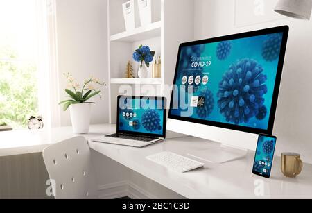 Reaktionsschnelle Geräte auf dem Home-Desktop, die das 3-D-Rendering der Covid-19-Infoswebsite anzeigen Stockfoto