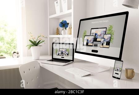 Reaktionsschnelle Geräte auf dem Home-Desktop, die 3D-Rendering auf der Webdesign-Website zeigen Stockfoto