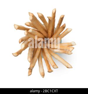 Italienische Brotstangen in einem Glas, das auf weißem Hintergrund von oben gesehen isoliert ist Stockfoto