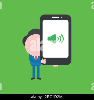 Vector Illustration Konzept der Rolle des Geschäftsmannes, das Smartphone mit Lautsprechersound hält. Grüner Hintergrund. Stock Vektor