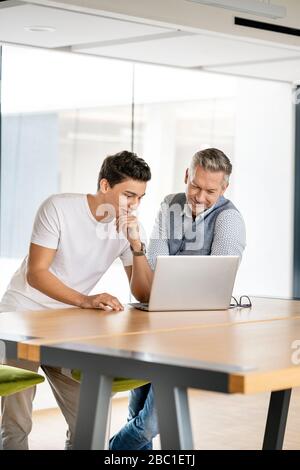 Leitender Geschäftsmann, der mit einem jungen Kollegen arbeitet und einen Laptop verwendet Stockfoto