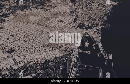 Barcelona, Spanien Stadtplan 3D Rendering. Satellitenansicht der Antenne. Stockfoto