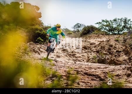 Mann, der auf einem unbefestigten Weg mit dem Mountainbike fährt, Fort Ord National Monument Park, Monterey, Kalifornien, USA Stockfoto