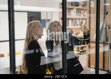 Reife und junge Geschäftsfrau Blick auf Chart auf Glasscheibe im Büro Stockfoto