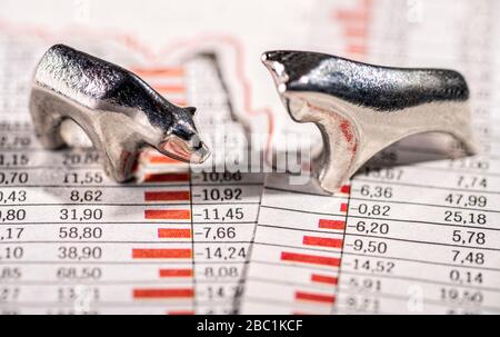 Bull und Bear sind mit sinkenden Aktienkursen in den Charts Stockfoto