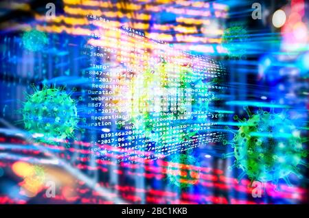 Programmcode mit Viren, abstrakter Technologie-Hintergrund mit Server-Racks und vielen Lichtern Stockfoto