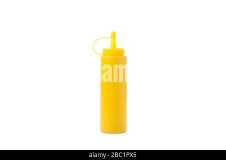 Gelbe Senfflasche isoliert auf weißem Hintergrund Stockfoto