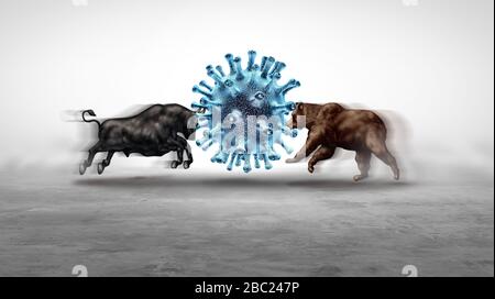 Wirtschaftliche und pandemische Ausbrüche und die Angst vor den Börsenkräften oder die Hausse und tragen die Wirtschaftskrise und die kranke Finanzgesundheit als ein Unternehmensrezessionskonzept. Stockfoto