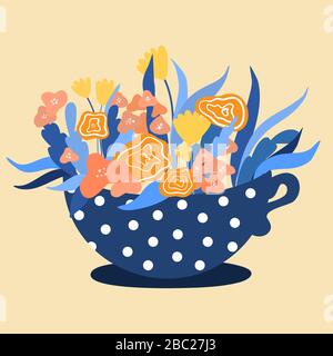 Vector Tea Cup mit Frühlingsblumen. Kreative, frische, handbemalte Blumenkarte in blau und orange Farben. Flache Darstellung Stock Vektor