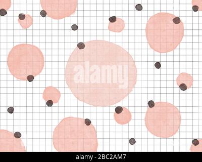 Muster mit Aquarelltropfen in Pastelltönen große rosa Kreise und kleine braune Kreise auf Copybook-Zellenhintergrund Stockfoto