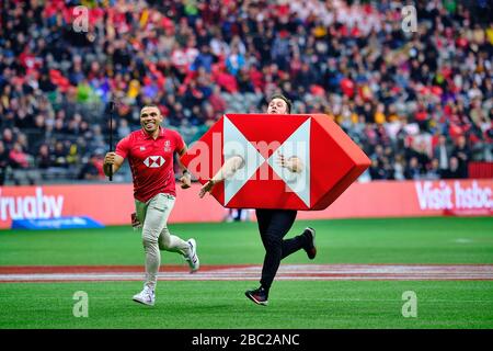 Vancouver, Kanada. März 2020. HSBC-Logo, das am 2. Bis 2020 auf dem Feld läuft, HSBC World Rugby Sevens Series am BC Place in Vancouver, Kanada Stockfoto