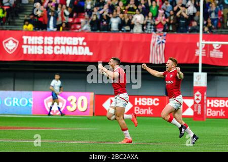 Vancouver, Kanada. März 2020. Kanada feiert, nachdem es Südafrika besiegt hat, um Bronze während der HSBC World Rugby Sevens Series at am 2. Bis 2020 zu gewinnen Stockfoto