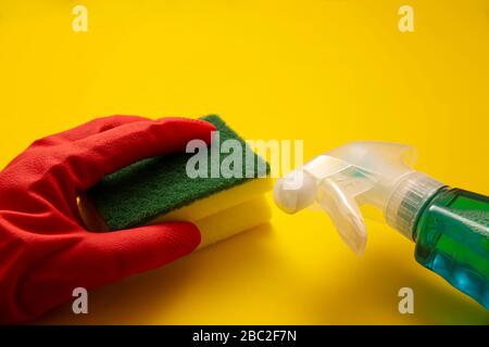 Hand in roten Gummihandschuh mit Schwamm und Flüssigwaschmittel in Sparrenflasche auf gelbem Hintergrund, Reinigungs- und Sanierungskonzept Stockfoto