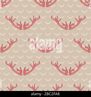 Rosafarbenes Hirschgeweih mit nahtlosem Muster. Ditziger girliger korallenroter flacher Farbhintergrund. Handgezogene Waldtiere mit Horn-Doodle-Stil. Für Holztextilien Stock Vektor