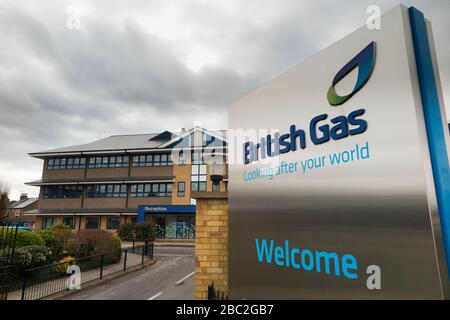 British Gas, in der Nähe von Staines an der Themse. Lakeside, The Causeway, Staines-upon-Thames, Staines TW18 3BF. GROSSBRITANNIEN. BG ist eine Tochtergesellschaft der Centrica plc. (116) Stockfoto