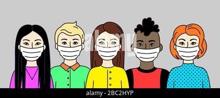 Männer Und Frauen Tragen Gesichtsmasken, Menschen Verschiedener Nationalitäten, Haut- Und Haarfarben. Atemschutzmasken Zur Vorbeugung Von Krankheiten, Grippe, Air Polluti Stock Vektor