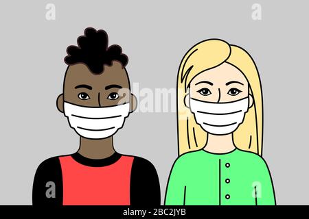 Ein Paar Leute, Die Gesichtsmasken Tragen. Zwei junge Erwachsene, Afrikaner oder Brasilianer, Blonde Woman. Atemschutzmasken Zur Vorbeugung Von Krankheiten, Grippe, Air Pol Stock Vektor