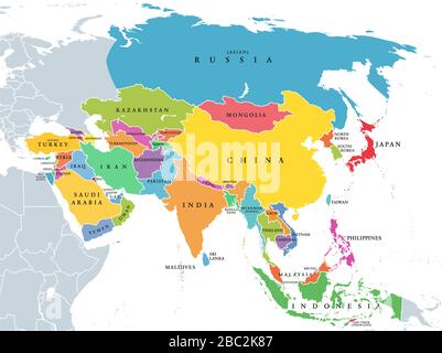 Kontinent Asien, politische Karte mit farbigen Einzelstaaten und Ländern. Mit dem asiatischen Teil Russlands und der Türkei sowie der Sinai-Halbinsel als afrikanischer Teil. Stockfoto