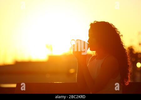 Silhouette einer Frau, die bei Sonnenuntergang auf einer Bank Kaffee trinkt Stockfoto