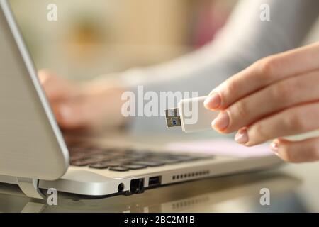 Nahaufnahme der Hände der Frau, die das usb-Flash-Laufwerk neben dem Laptop auf einem Schreibtisch zu Hause halten Stockfoto