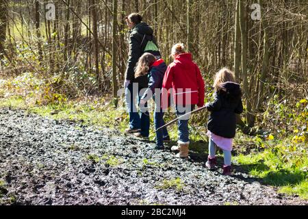 Mutter/Mutter/Mutter/Mutter, die mit ihren drei Kindern an einem Frühlingstag auf einem schlammigen Weg durch Wälder auf West End Common, Esher, Surrey durch den Schlamm spazieren. GROSSBRITANNIEN (116) Stockfoto