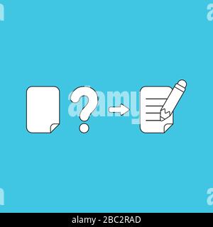 Vektorgrafikkonzept von unbeschriftem Papier mit Fragezeichen und Schreiben auf Papier mit Bleistift. Blauer Hintergrund. Stock Vektor