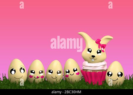 Süßes Kawaii Osterhase im Cupcake mit lustigen Emoticon Ostereiern. 3D-Rendering Stockfoto