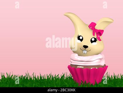 Süßes Kawaiisches Osterhase in einem Cupcake. 3D-Rendering Stockfoto