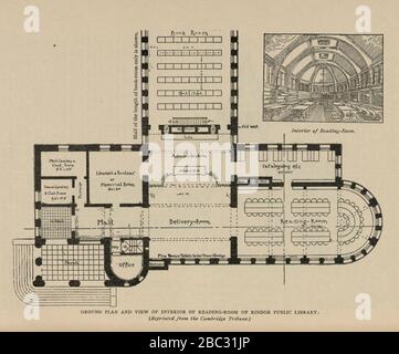 Grundriss und Skizze des Leseraums der öffentlichen Bibliothek von Rindge Stockfoto