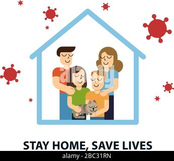 Bleiben Sie zu Hause Bewusstsein Social Media Kampagne und Coronavirus Prävention Familie lächeln und bleiben zusammen. Vektorgrafiken Stock Vektor